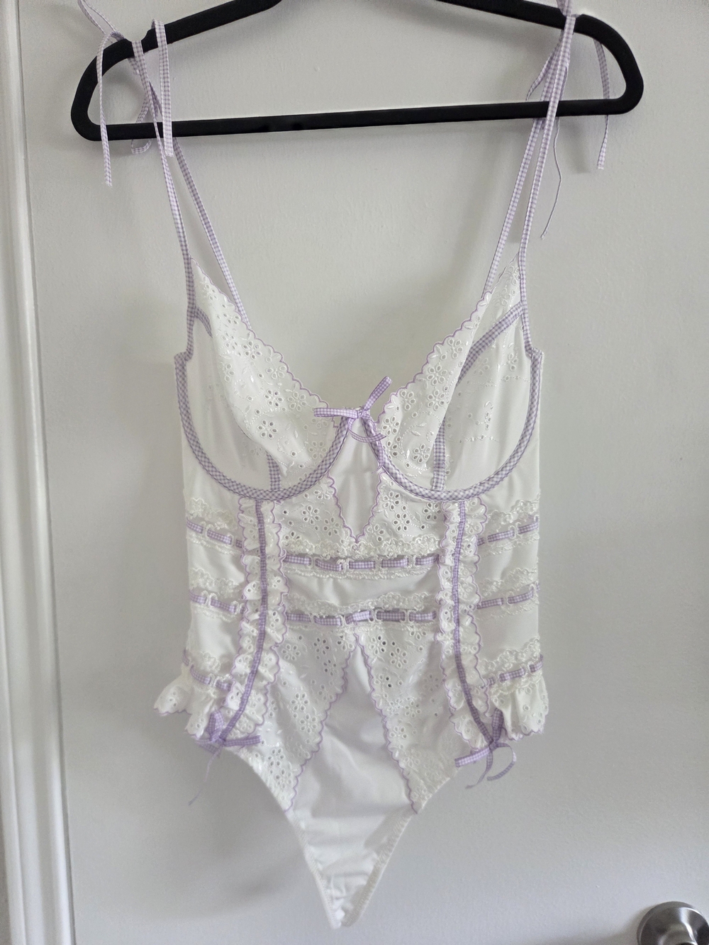For Love And Lemons White and Lilac Lace Trim Bodysuit Lingerie